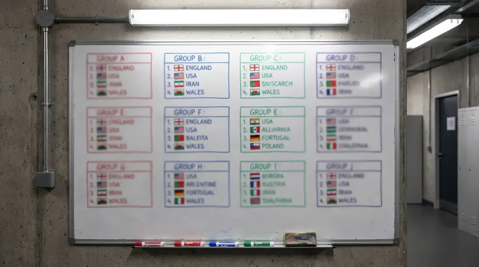 Vue d'ensemble des 12 groupes de la Coupe du Monde 2026 avec les drapeaux des 48 équipes qualifiées