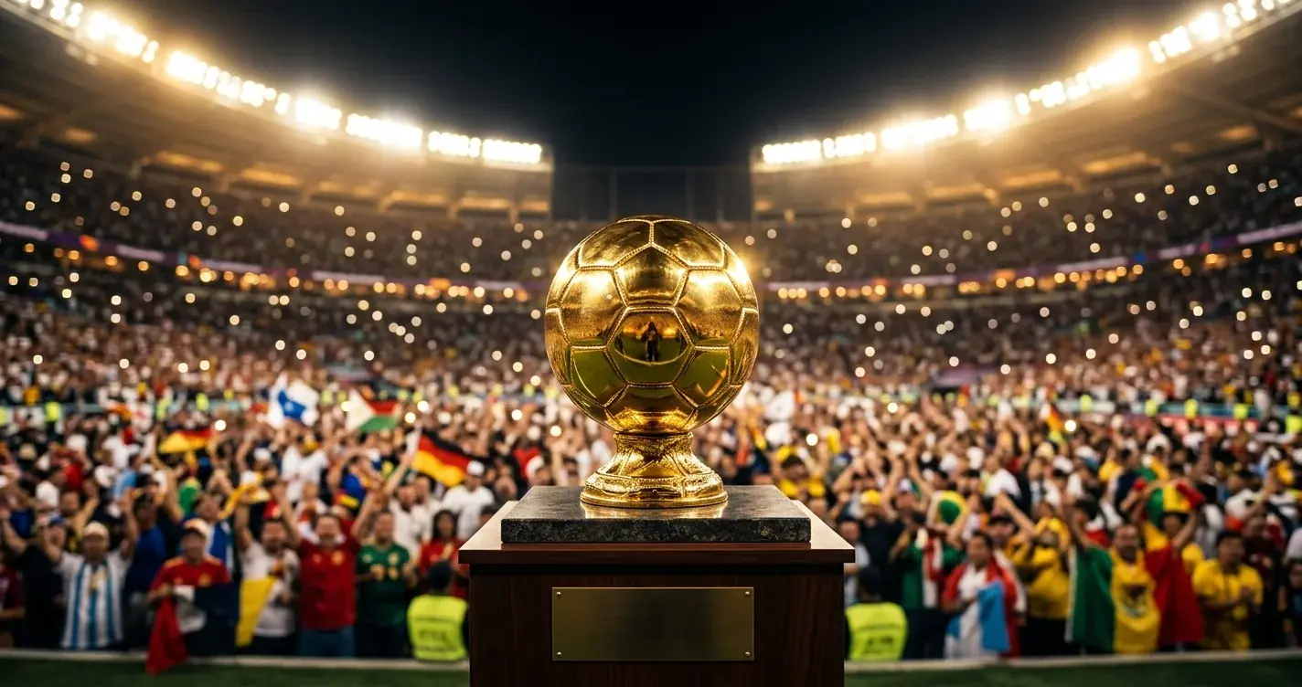 Trophée du Soulier d'Or sur fond de stade de Coupe du Monde illuminé