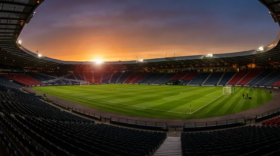 Stade de football au coucher du soleil avec pelouse verte impeccable prêt pour un match de la Coupe du Monde 2026