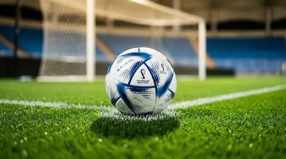 Ballon de football officiel posé sur la pelouse d'un stade avec lignes blanches et gazon vert