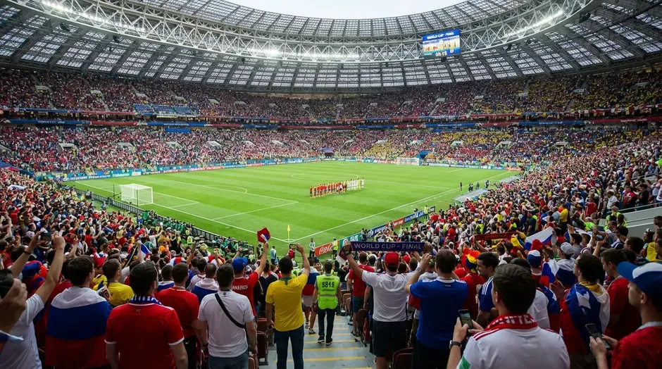 Vue panoramique depuis les tribunes d'un stade rempli de spectateurs lors d'un match de football international