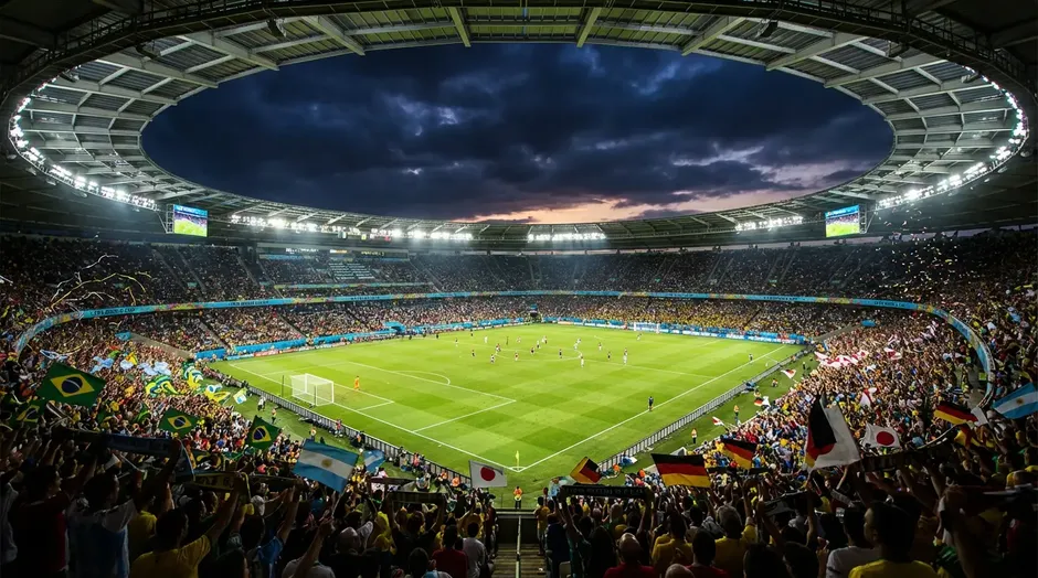Stade de football illuminé pour la Coupe du Monde 2026 avec tribunes pleines de supporters