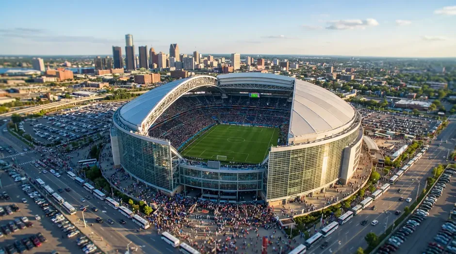 Vue aérienne d'un grand stade de football américain préparé pour un match de la Coupe du Monde