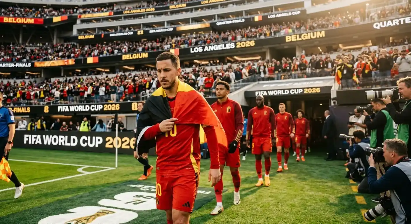 Les Diables Rouges belges entrent sur la pelouse du SoFi Stadium avant un match de quart de finale