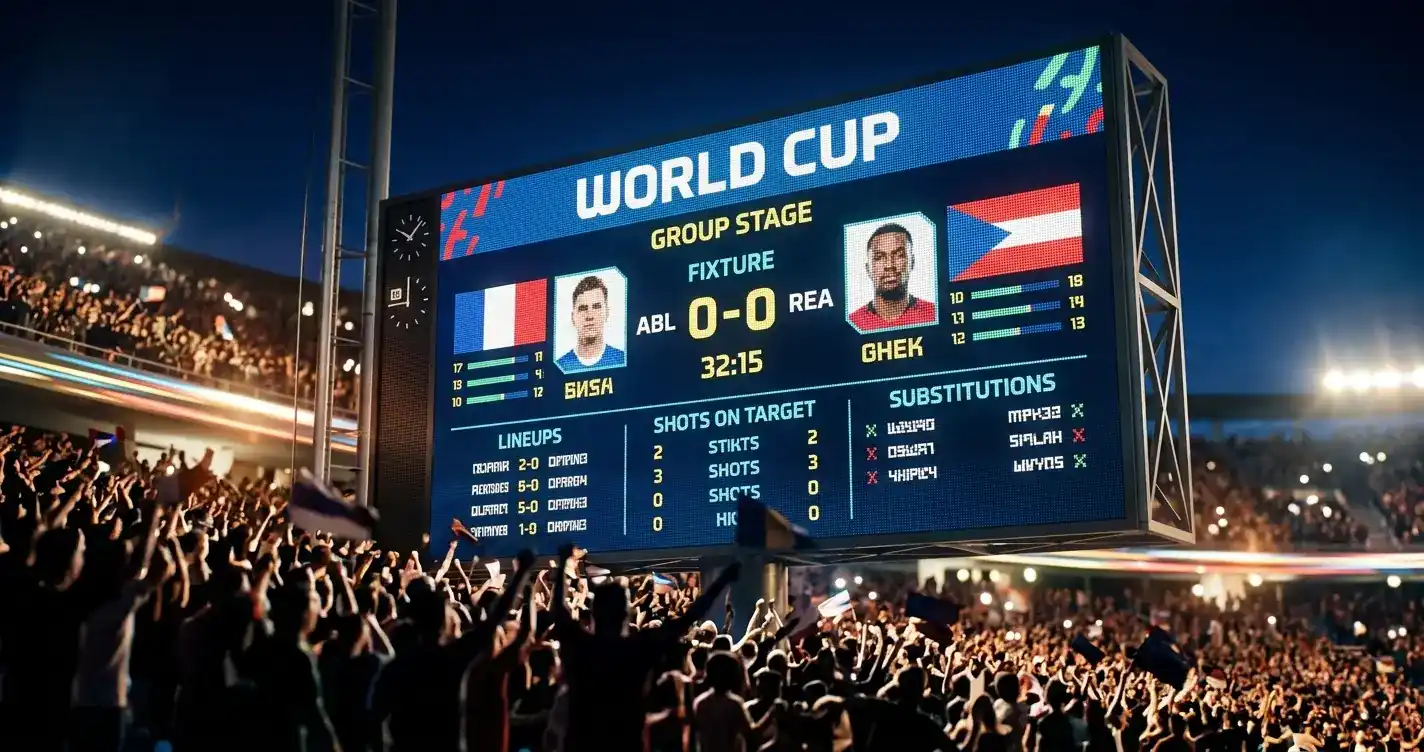 Tableau d'affichage d'un stade indiquant un match de Coupe du Monde entre deux sélections