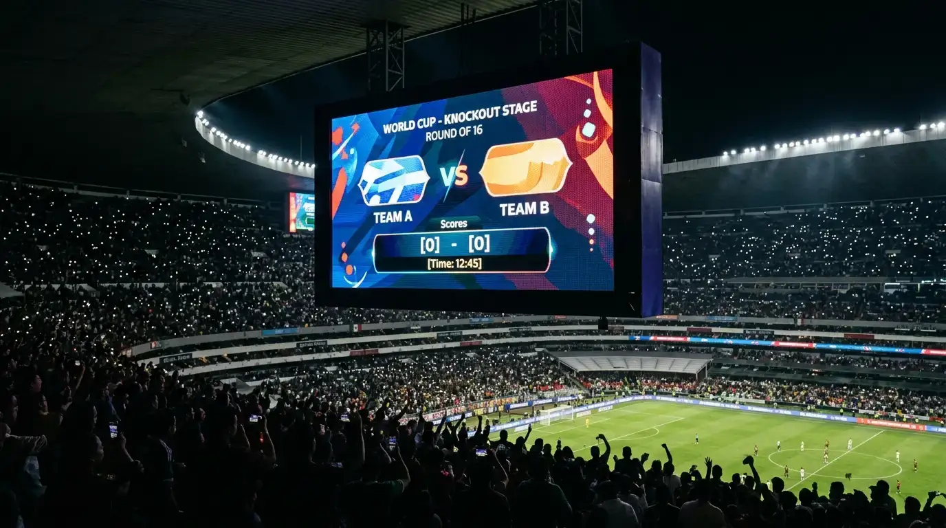 Tableau d'affichage d'un stade indiquant un match de Coupe du Monde entre deux sélections